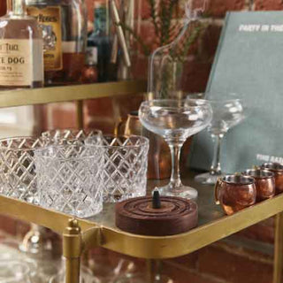 P.F. Candle Co Moonrise Mood whisky trolley with wine glasses and incense cone