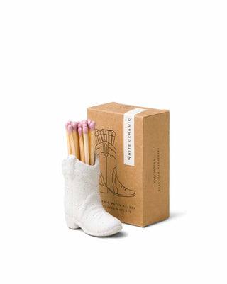 Paddywax White Boot Matchstick Holder and Striker with Pink Matches lifestyle